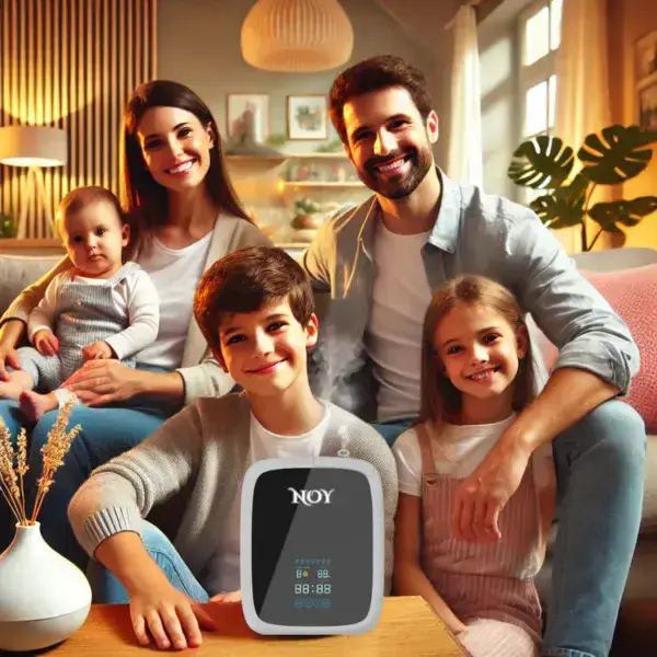 משפחה יושבת בסלון עם מפיץ ריח חשמלי, נהנים מאווירה נעימה וריחות טובים בבית.