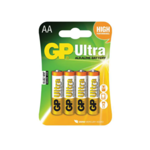 סוללות אלקליניות AA של GP Ultra, ארבעה סוללות באריזת קרטון צבעונית.