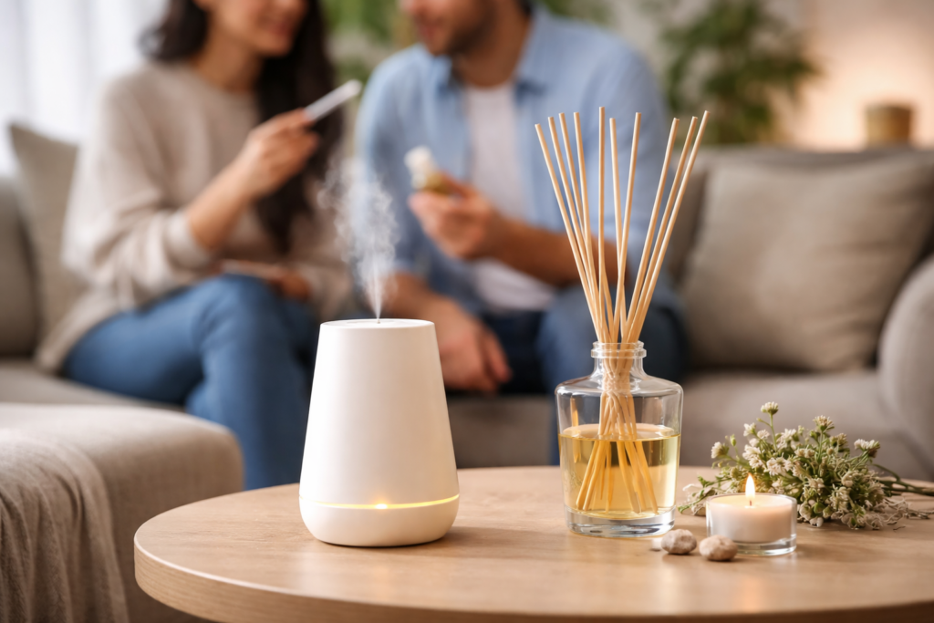 מפיץ ריח חשמלי וקטורת על שולחן, זוג יושב ברקע, אווירה נעימה ומרגיעה בבית.