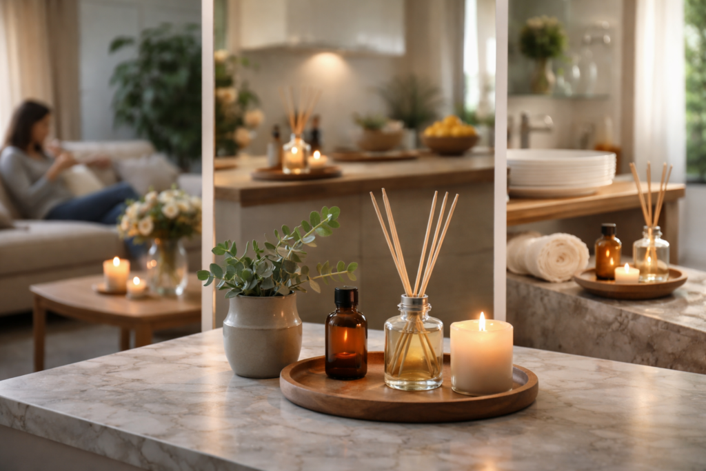 מפיץ ריח לבית עם נרות סויה ריחניים ושמנים אתריים, בסלון נעים ומואר.
