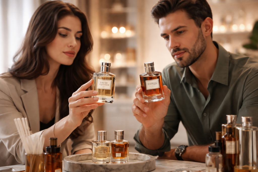 זוג בוחן בקפידה בשמים תואמים, עם מספר בקבוקי בשמים ושמנים אתריים סביבם.