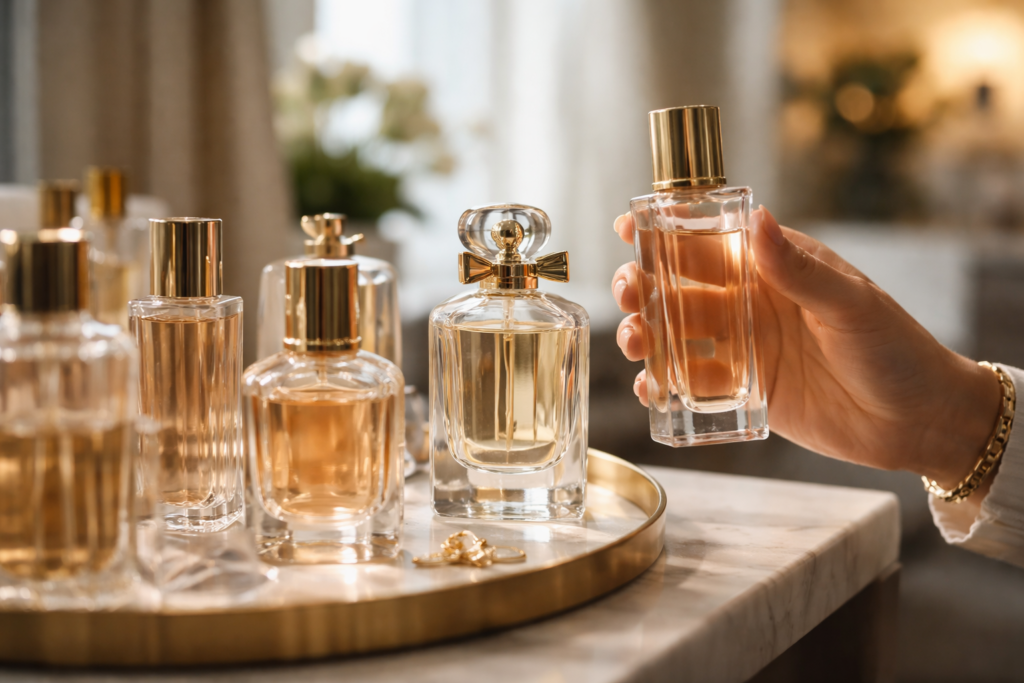 מבחר בשמים תואמים על מגש, יד מחזיקה בבקבוק בושם, אווירה ביתית נעימה.