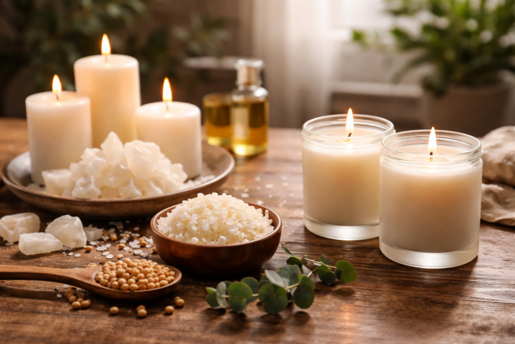 נרות סויה ריחניים בוערים, חומרים ליצירת נרות ומוצרים ארומטיים על שולחן עץ.