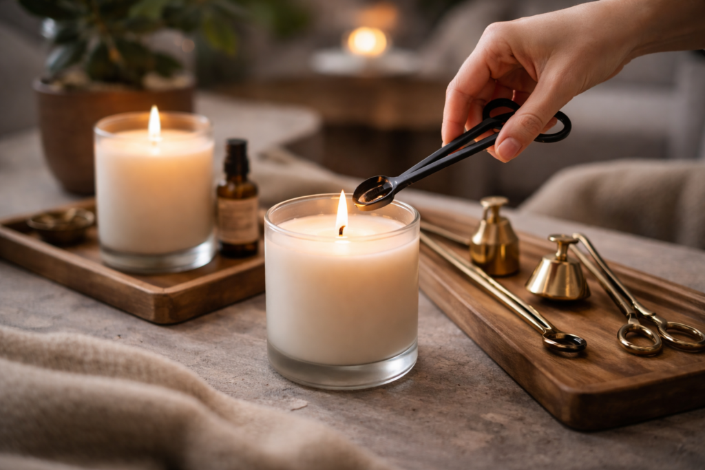 יד מחזיקה במספריים לנרות, חותכת נר סויה ריחני על שולחן עם שמנים אתריים ונרות נוספים.