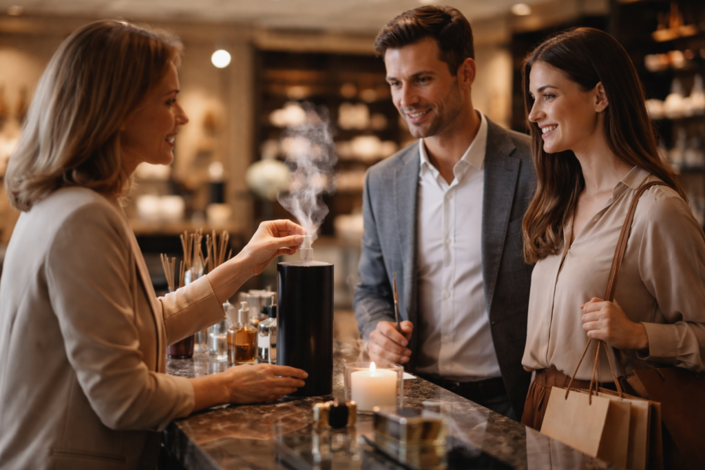 לקוח בודק מפיץ ריח חשמלי בחנות, בזמן שמבצע קנייה של מוצרים ריחניים לבית.